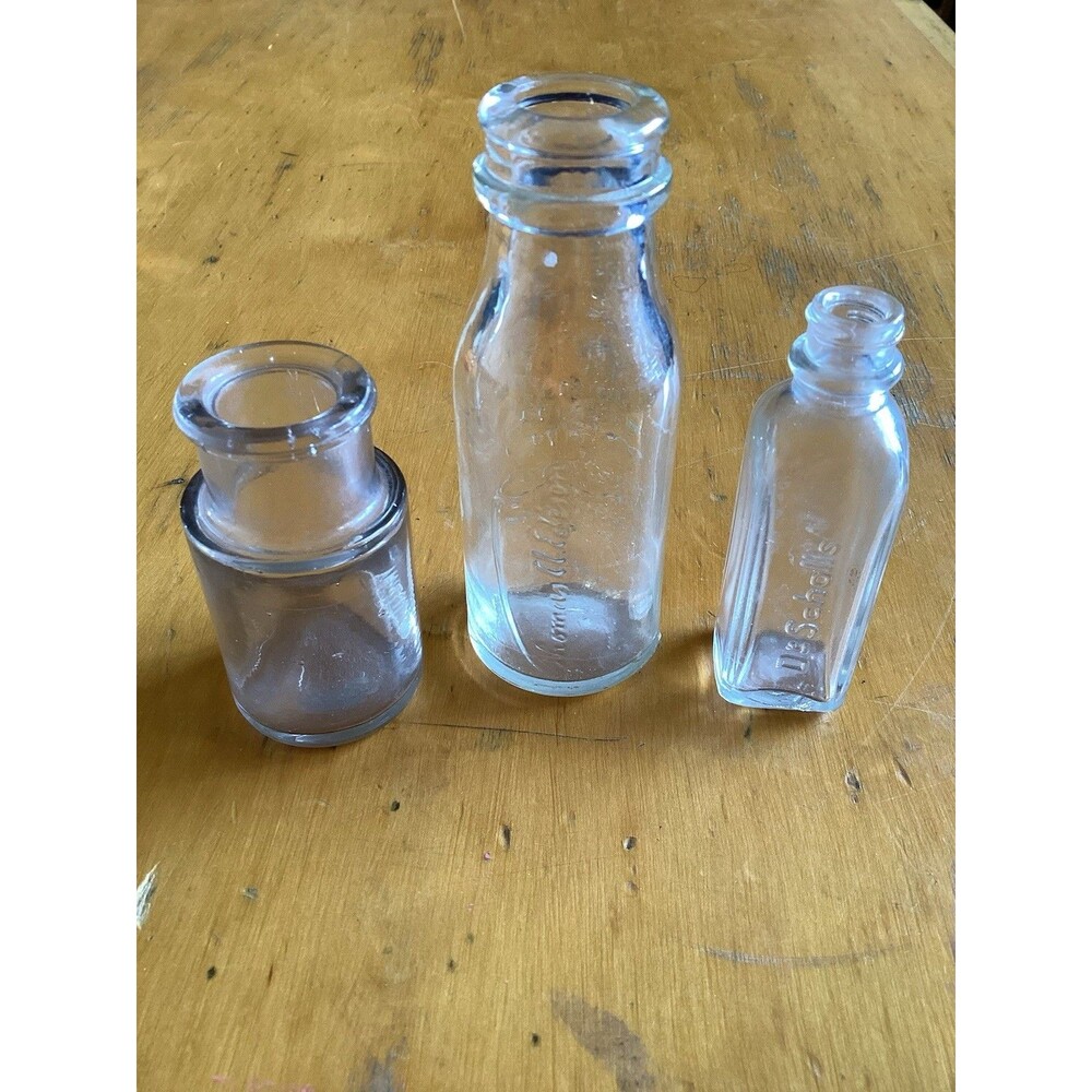 Lot Of 3 Antique Glass Bottles Inkwell & Dr Scholl’s & Thomas Edison Battery Oil